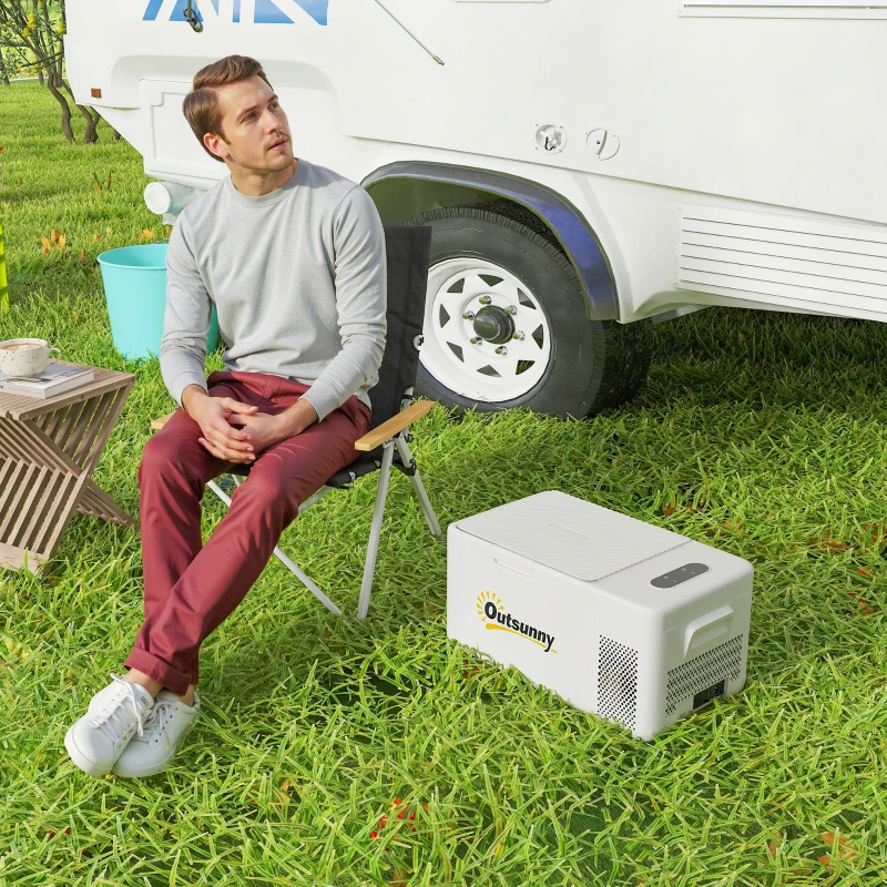 Outsunny Nevera Portátil Eléctrica 16,8L Refrigerador de Coche 12/24/220V -20℃ a +20 ℃ con Pantalla Luz LED 59x32x28 cm Blanco