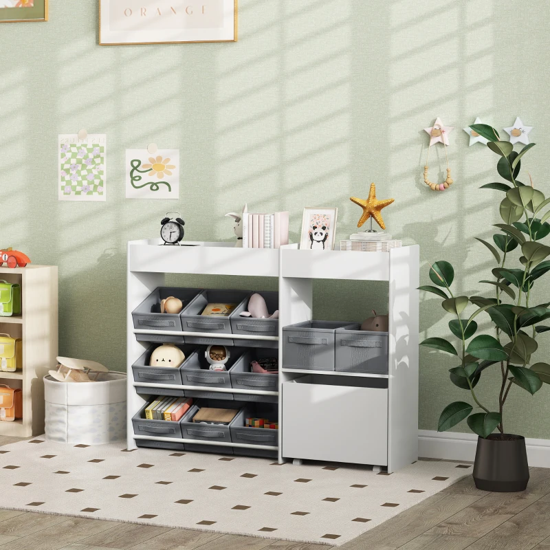 AIYAPLAY Mobile Portagiochi per Bambini con 11 Cestini in Tessuto, Armadietto e Ripiani, 105x30x80 cm, Bianco