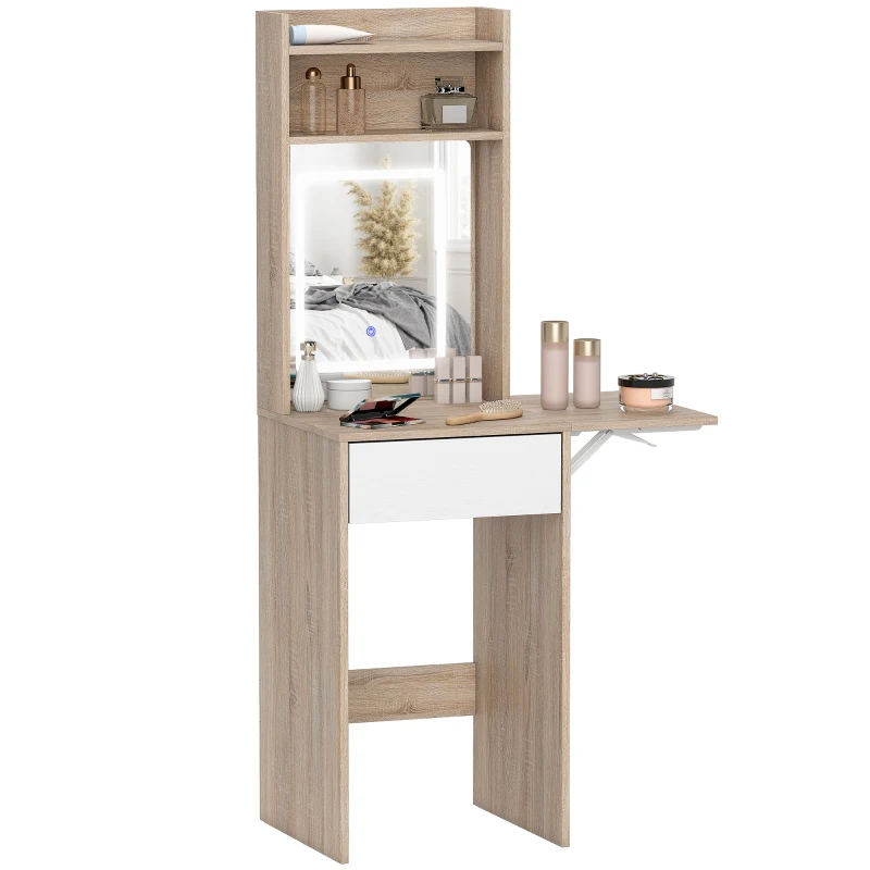 HOMCOM Small Vanity Desk with Mirror and LED Lights, Compact Dressing Table with Drop Leaf, Open Shelves, Natural Wood