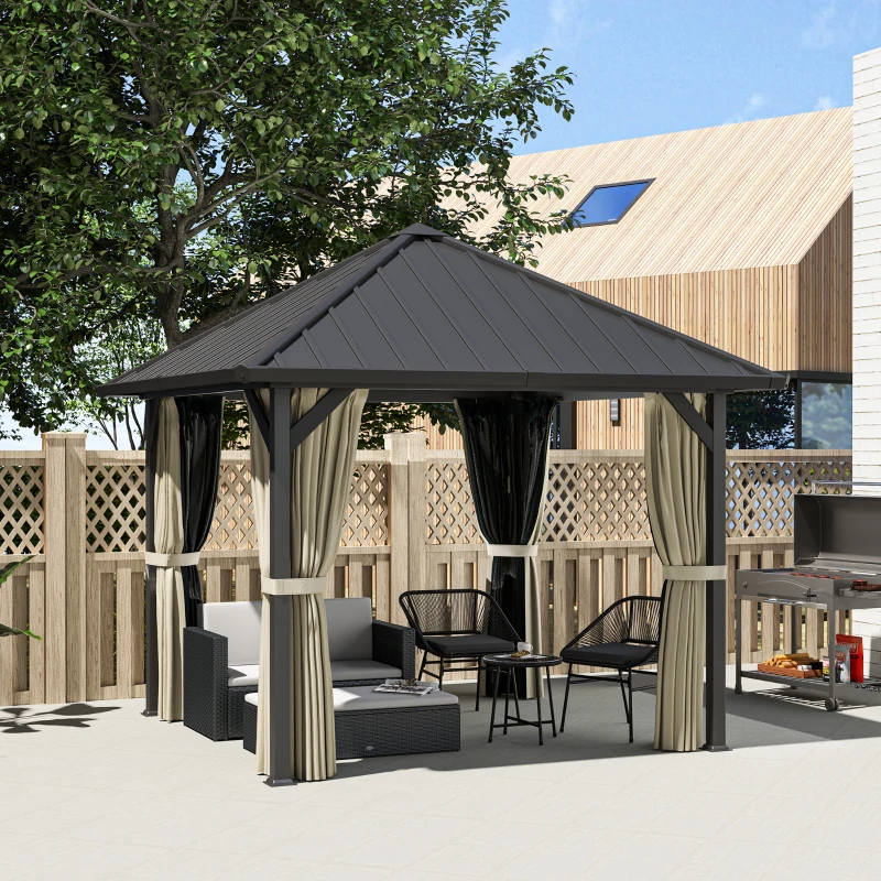 Outsunny 3 x 3 m harddak-paviljoen, tuinpaviljoen met metalen dak, waterbestendige tuintent met net en zijwanden, donkergrijs