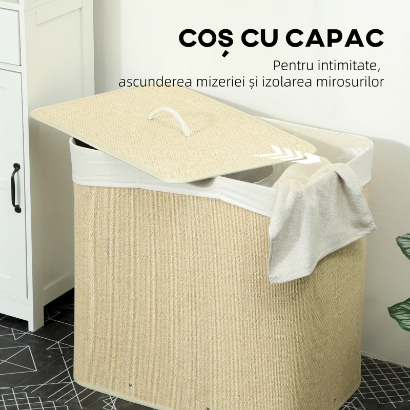 HOMCOM Coș pentru Rufe din Bambus cu Capac, 144L, 3 Compartimente, Sac Detașabil și Lavabil, Mânere, Crem