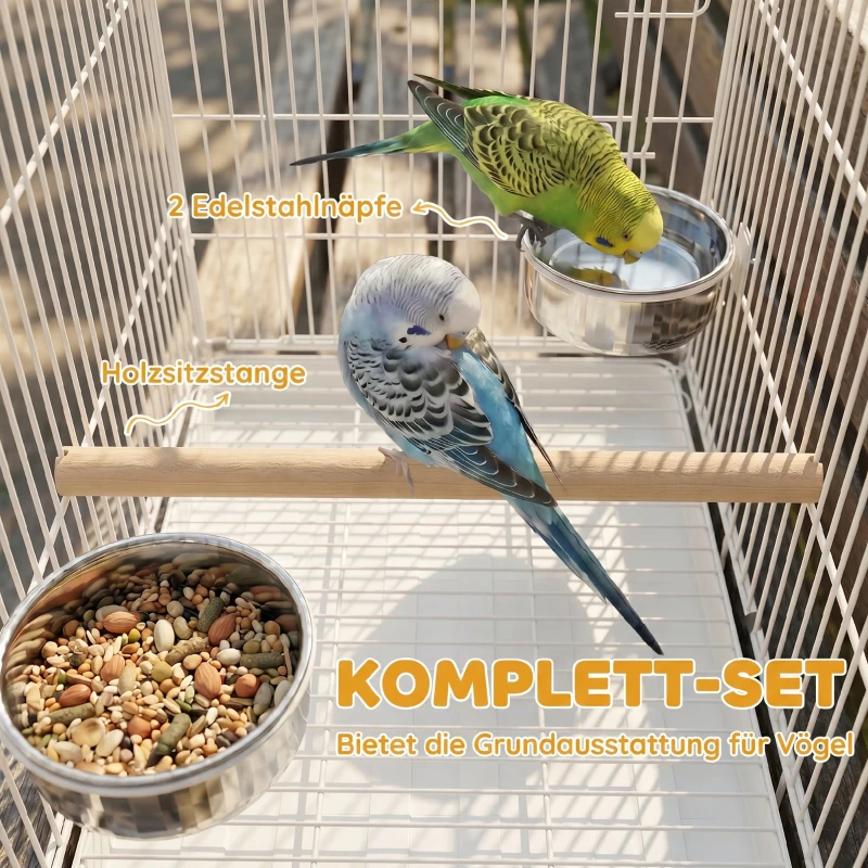 PawHut Tragbarer faltbarer Vogelkäfig für Reisen, mit Sitzstange aus Holz und Edelstahlschalen, geeignet für kleine Vögel