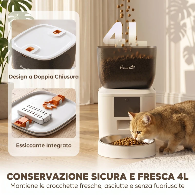 PawHut Distributore Automatico Cibo 4L per Gatti con WiFi 2,4G, App Controllo con Registratore 10s e Ciotola, Bianco