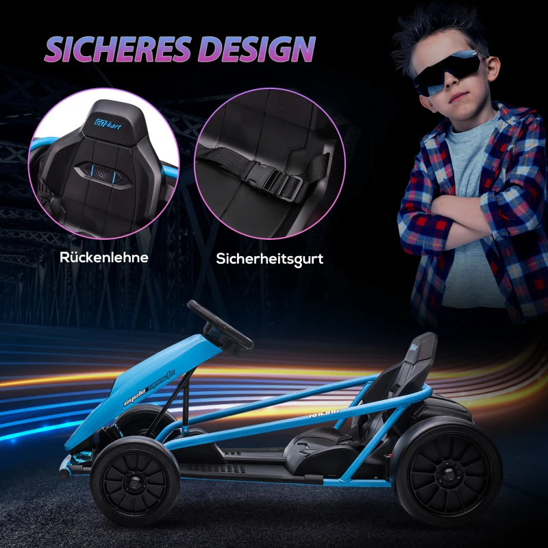 HOMCOM Elektro-Gokart für Kinder, Drift-Funktion, Hupe, Musik, Sicherheitsgurt, Soft-Start, Blau/Schwarz(m-6)