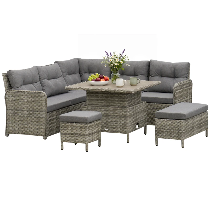 Outsunny 7 Seater Rattan Garden Furniture Set, 6 Piece Patio Dining Set with Liftable Coffee Table and Soft Padded Cushion, Wicker Sectional Conversation Corner Sofa, 123 x 55 x 84 cm, Grey