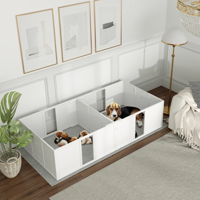 PawHut Werpkist voor puppy's, hondenren, puppyren met antislip vloerglijders en deur, houten honden werpkist, puppyren voor middelgrote honden, 196 x 96 x 48 cm, wit