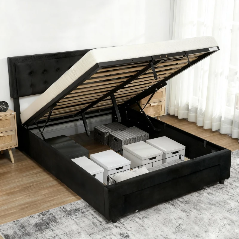 HOMCOM 4ft6 Double Ottoman Bed Frame, with Front Drawer - Black