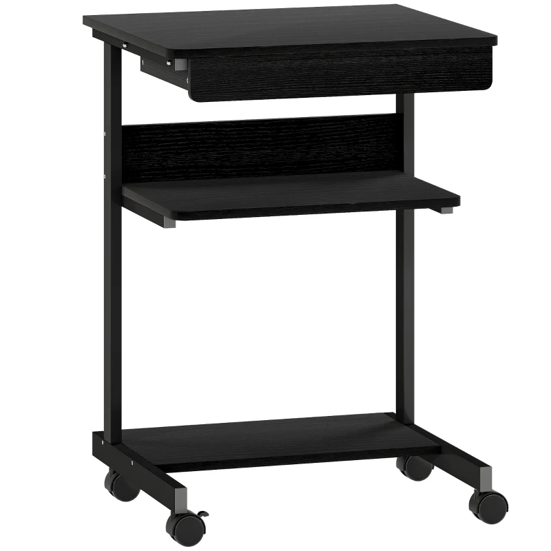 HOMCOM pc-bureau met lade en 2 planken op 4 wielen, van hout en metaal, 56x51x79 cm, zwart