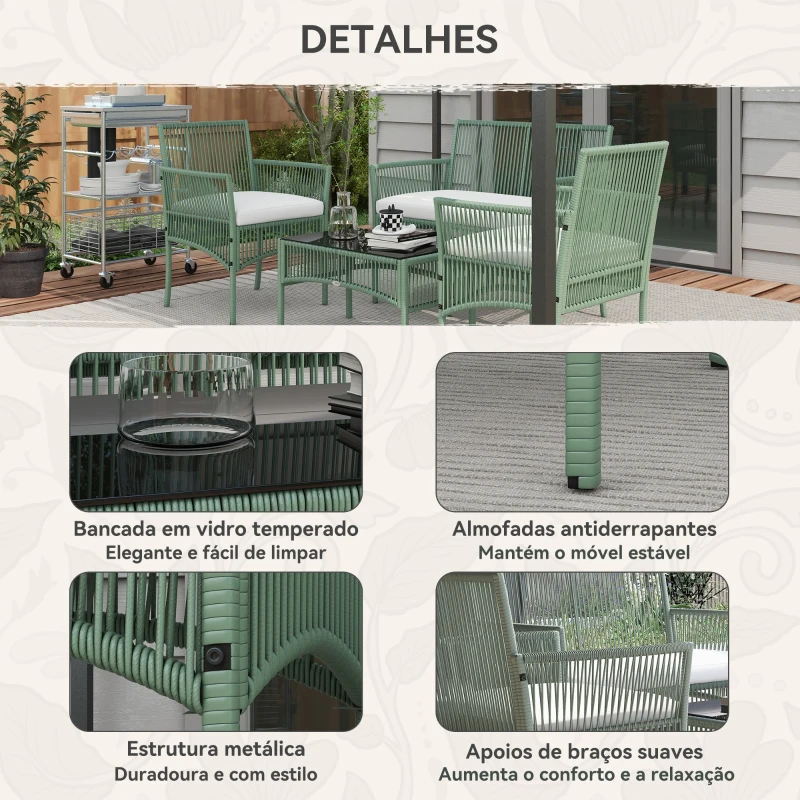 Outsunny Conjunto de Jardim Exterior em Ratan Sintético com 2 Poltronas 1 Sofá de 2 Lugares 1 Mesa de Centro e Almofadas Verde