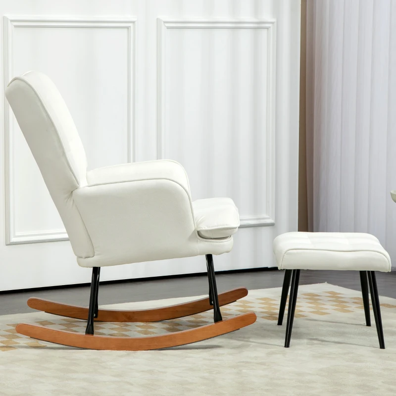 HOMCOM Schaukelstuhl mit Hocker, sanftes Schaukelsystem, Leinenimitat, 64 x 89 x 90 cm, Cremeweiß