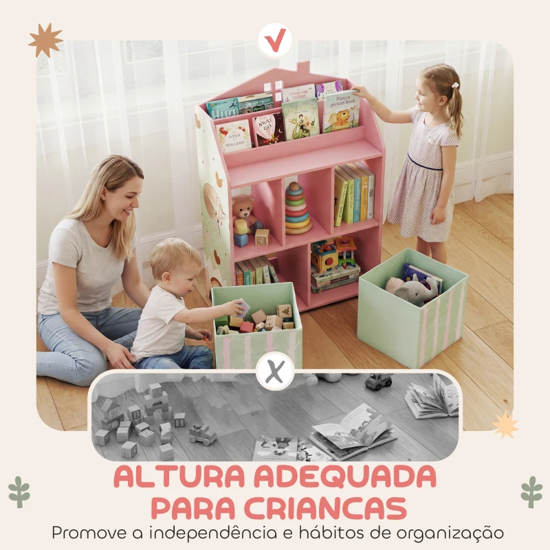 AIYAPLAY Estante Infantil para Brinquedos com Gavetas de Tecido Prateleiras Abertas Design de Raposas Organizador de Brinquedos Rosa