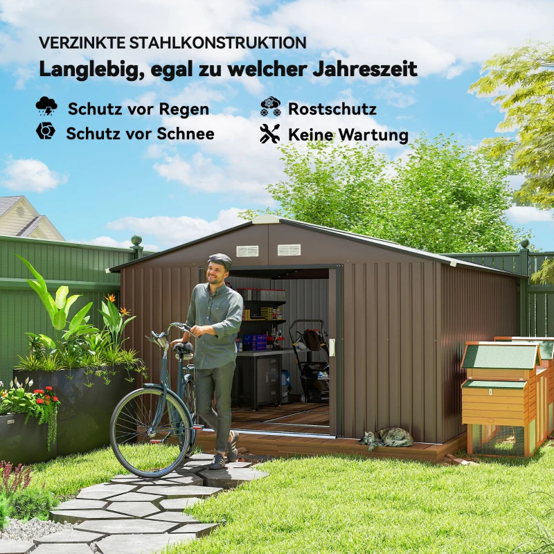 Outsunny Geräteschuppen, Wetterfestes Gartenhaus für Gartengeräte, mit Belüftungsfenstern, Schiebetüren, Stahl, Braun
