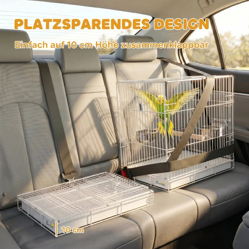 PawHut Tragbarer faltbarer Vogelkäfig für Reisen, mit Sitzstange aus Holz und Edelstahlschalen, geeignet für kleine Vögel