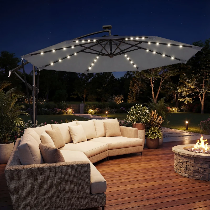 Outsunny Parasol Excéntrico con Luces LED Solares 330x295 cm Sombrilla con Base Cruzada Manivela Funda Protectora Gris Oscuro