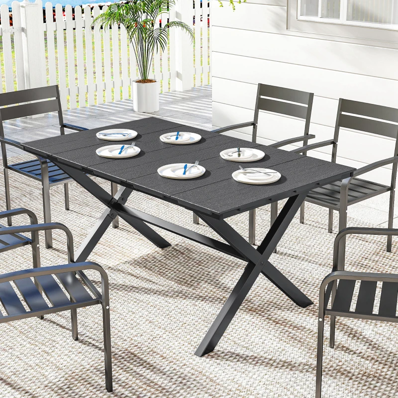 Outsunny Mesa de Comedor de Jardín para 6 Personas con Superficie de HDPE de Listones Estructura Metálica 150x90x74 cm Negro