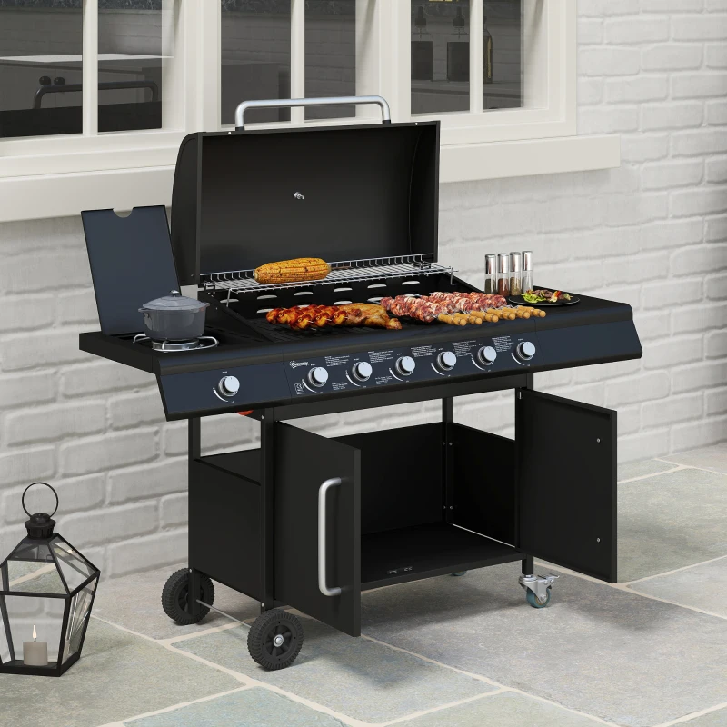 Outsunny Fahrbarer Gasgrill mit Stauraum, Seitentisch, Seitenbrenner, Warmhalterost, Thermometer, Edelstahl, Schwarz