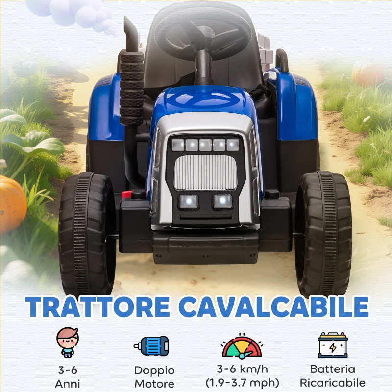 HOMCOM Trattore Elettrico per Bambini con Rimorchio Rimovibile, Telecomando, Porta USB, Musica e Luci, Età 3-6 Anni, Blu