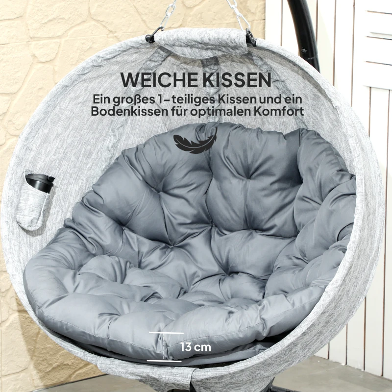 Outsunny Eivormige hangmand, hangstoel met schommelfunctie en opvouwbare mand, tuinstoel, bekerhouder, grijs