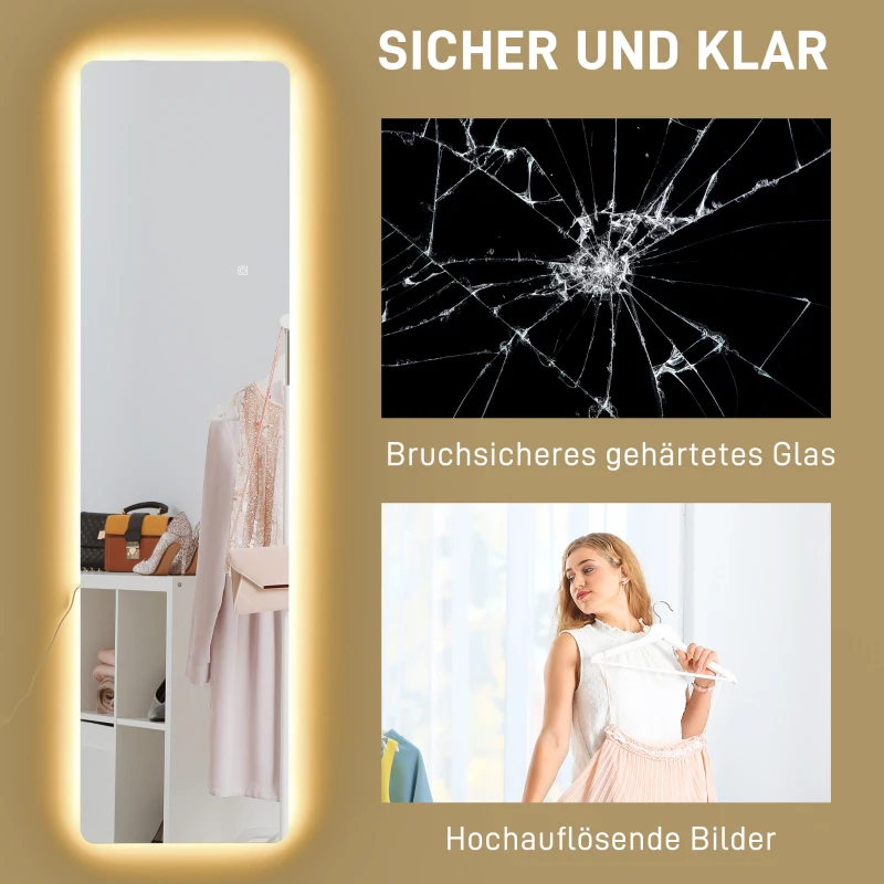 HOMCOM LED Ganzkörperspiegel, touch-bediening, dimbaar, frameloos, 40 x 150 cm