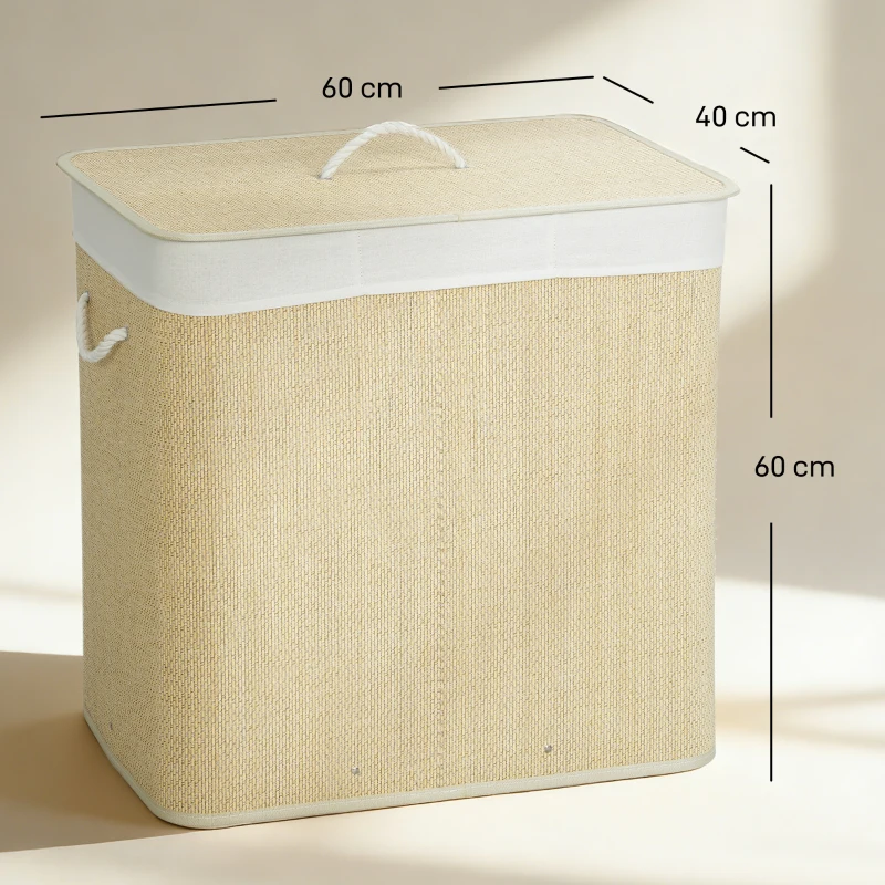 HOMCOM Coș pentru Rufe din Bambus cu Capac, 144L, 3 Compartimente, Sac Detașabil și Lavabil, Mânere, Crem