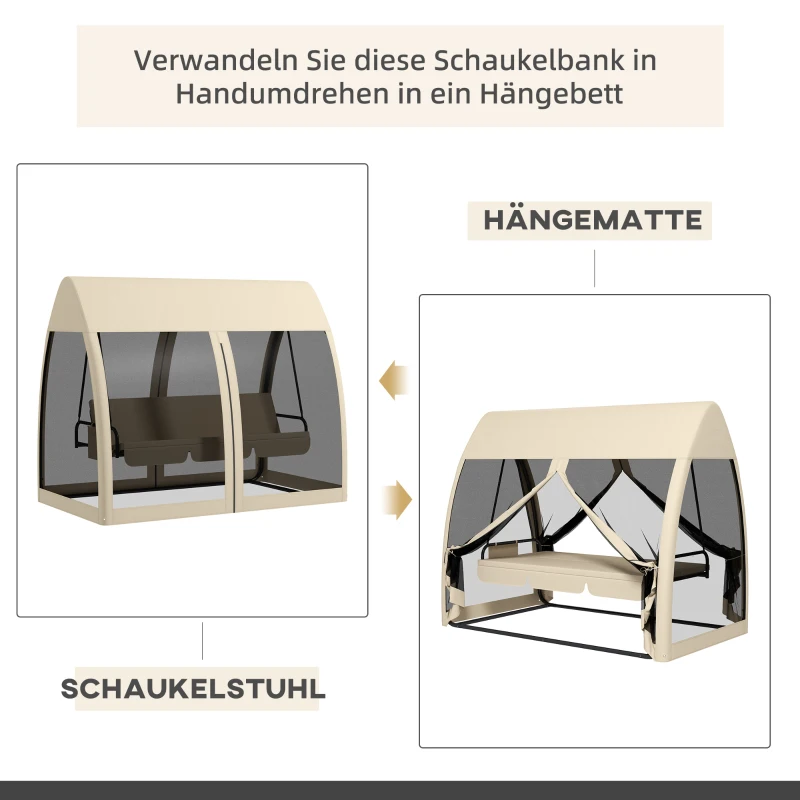 Outsunny 3-persoons terras-schommel, veranda-schommel met bedfunctie, Hollywoodschommel met muskietennet en stalen frame, Koffie