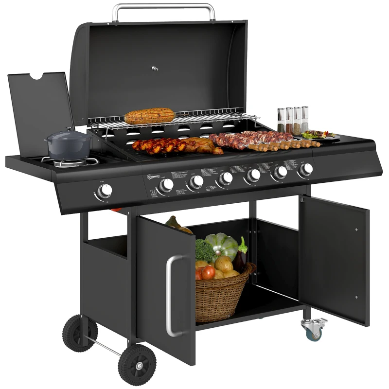 Outsunny Fahrbarer Gasgrill mit Stauraum, Seitentisch, Seitenbrenner, Warmhalterost, Thermometer, Edelstahl, Schwarz