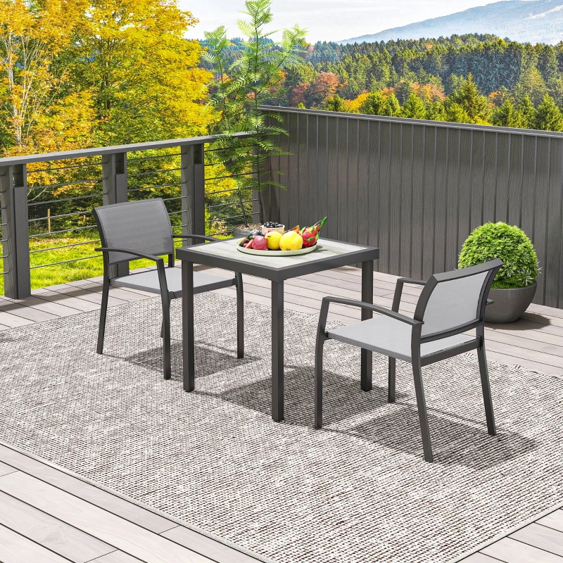 Outsunny 3-delig eetset, buitentafel in houtlook, 2 stoelen, weerbestendig, stalen frame, terrasmeubels, Grijs