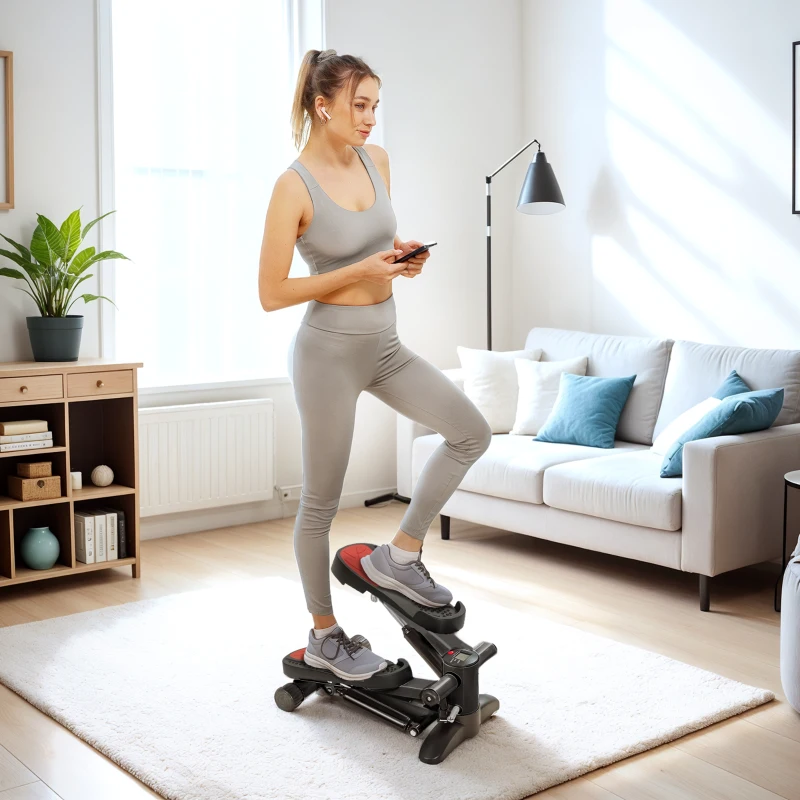 SPORTNOW Mini-stepper, compact stepperapparaat voor workouts, fitness-stepper met LCD-monitor en antislippedalen, zwart