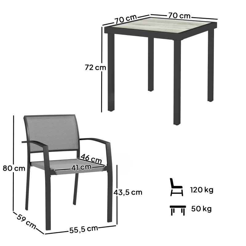 Outsunny 3-delig eetset, buitentafel in houtlook, 2 stoelen, weerbestendig, stalen frame, terrasmeubels, Grijs