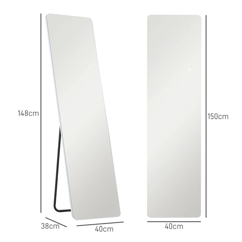 HOMCOM LED Ganzkörperspiegel, touch-bediening, dimbaar, frameloos, 40 x 150 cm