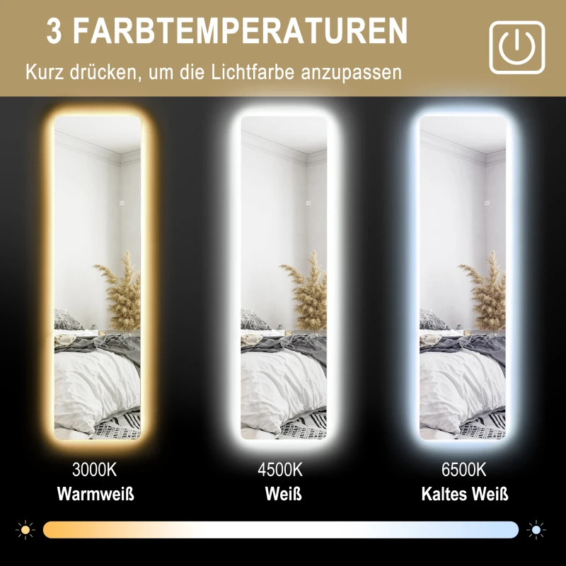 HOMCOM LED Ganzkörperspiegel, touch-bediening, dimbaar, frameloos, 40 x 150 cm