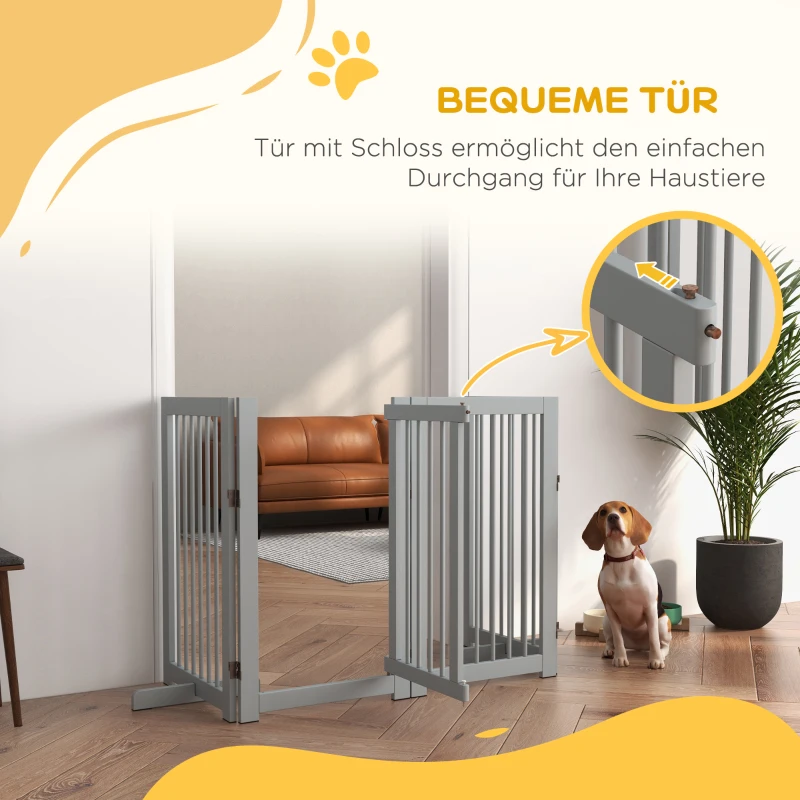 PawHut Hunde-Absperrgitter, freistehend, klappbar, Tür & Füße, Holzrahmen, 220x36x91cm, Hellgrau(m-5)