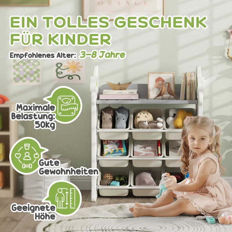 AIYAPLAY Kinderkast, 4-laags Speelgoedkast met 9 Uitneembare Bakken, Plank, Haken, Opbergkast voor Kinderkamer, Speelkamer, 77 x 42 x 94 cm, Crèmewit