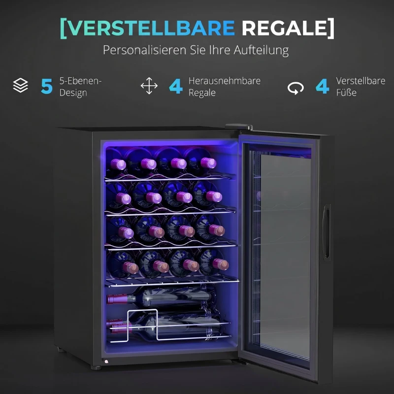 HOMCOM Cantină Frigorifică pentru 20 de Sticle, Capacitate 53L, Ușă Anti-UV și Rafturi Reglabile, Negru