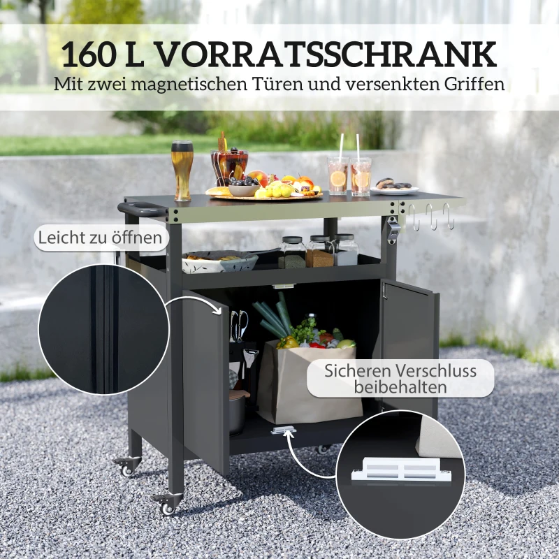 Outsunny Grillwagen – 3-laags inklapbare serveerwagen met werkblad, kast, haken en wielen, BBQ-tafel van roestvrij staal, buitenrolwagen, houtskoolgrill voor tuin, 116x50x93 cm, zwart