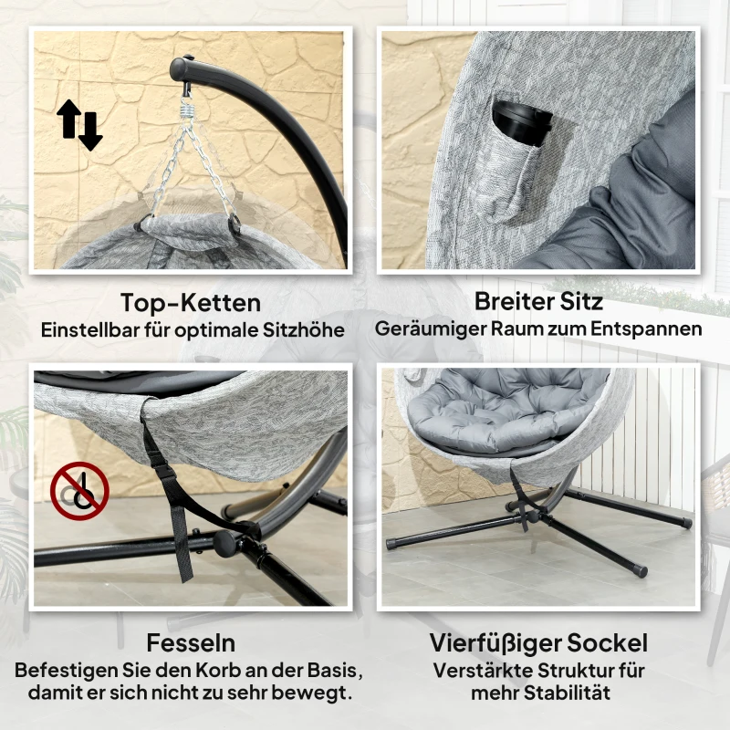 Outsunny Eivormige hangmand, hangstoel met schommelfunctie en opvouwbare mand, tuinstoel, bekerhouder, grijs