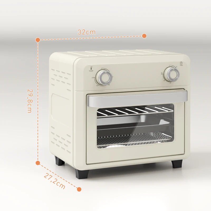 HOMCOM mini-oven met hetelucht, 10 liter airfryer, compacte oven met 60-minuten timer en binnenverlichting, 80-230℃, 3 insteekniveaus, vaatwasserbestendig accessoire, 1000W, crème wit(m-3)