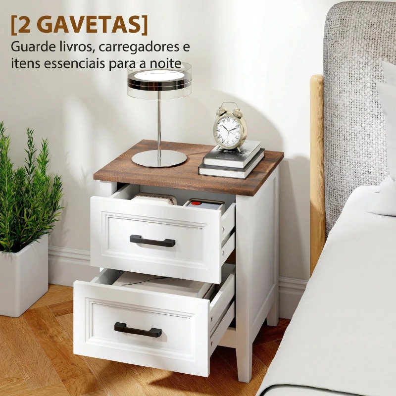 HOMCOM Mesa de Cabeceira Mesa de Cabeceira com 2 Gavetas Estilo Rústico 45x30x50 cm Branco