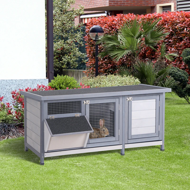 PawHut Coelheira de Madeira Gaiola para Coelhos com Telhado Asfáltico Rebatível Portas com Fecho Bandejas Removíveis 112x50x54 cm Cinzento