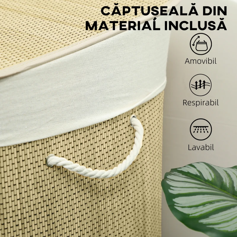 HOMCOM Coș pentru Rufe din Bambus cu Capac, 144L, 3 Compartimente, Sac Detașabil și Lavabil, Mânere, Crem