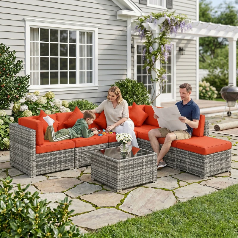 Outsunny Eight-Piece Rattan Sofa Set - Orange/Grey