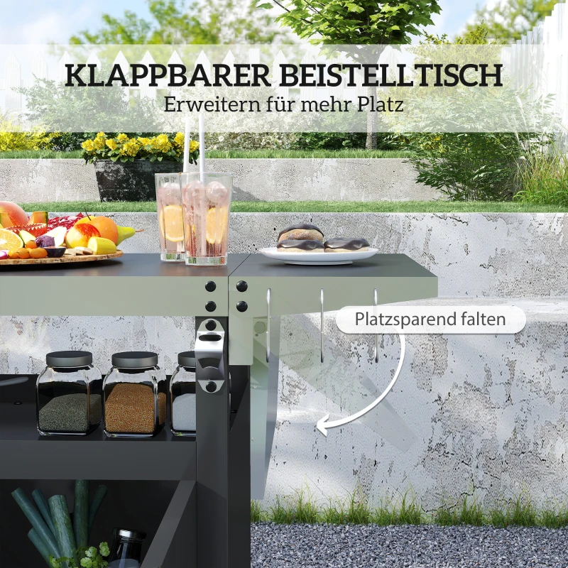 Outsunny Grillwagen – 3-laags inklapbare serveerwagen met werkblad, kast, haken en wielen, BBQ-tafel van roestvrij staal, buitenrolwagen, houtskoolgrill voor tuin, 116x50x93 cm, zwart