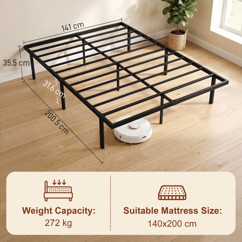 HOMCOM Struttura Letto a 9 Piedi con Spazio Sotto Letto, Telaio Metallico con Doghe, Design Versatile Senza Testiera, 200,5x141x35,5 cm, Nero