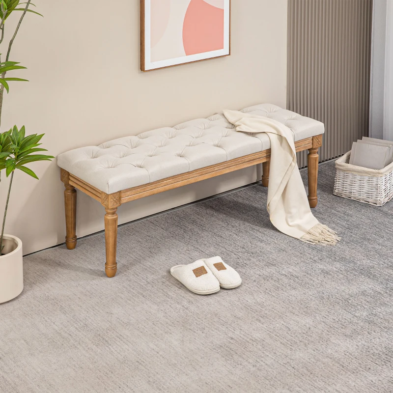 HOMCOM Bancă Tapițată pentru Capătul Patului cu Șezut Matlasat cu Nasturi, din Material Textil și Lemn, 120x41x48cm, Crem