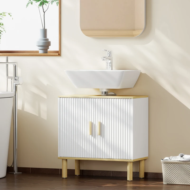 HOMCOM Móvel para Baixo do Lavatório com Prateleira Ajustável, Armário para Lavatório sem Pedestal com Portas Caneladas 60x30x61 cm Branco