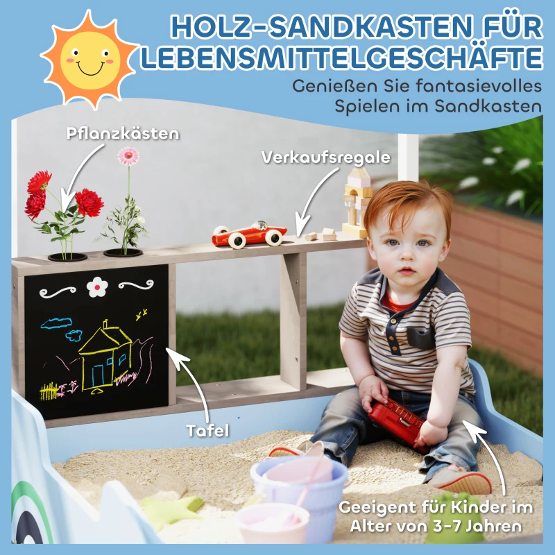 AIYAPLAY Sandkasten mit Vordach, Einkaufsladen-Design, Sitzbank, Zeichentafel, Tannenholz, 104H x 108L x 90B cm, Blau