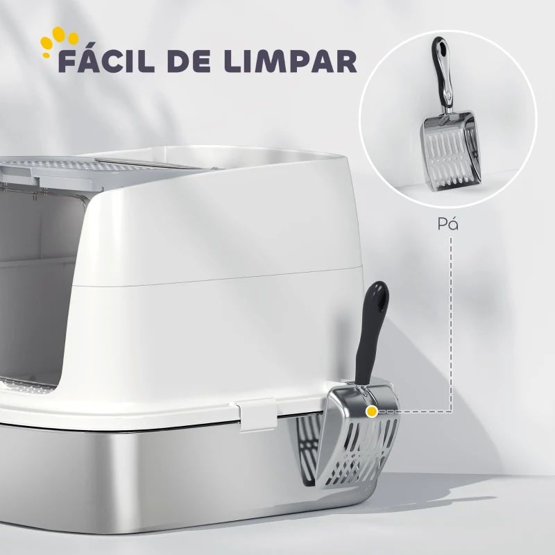 PawHut Caixa de Areia para Gatos em Aço Inoxidável L com Tampa Rebatível Pá Metálica Saco Desodorizante Fácil de Limpar Branco