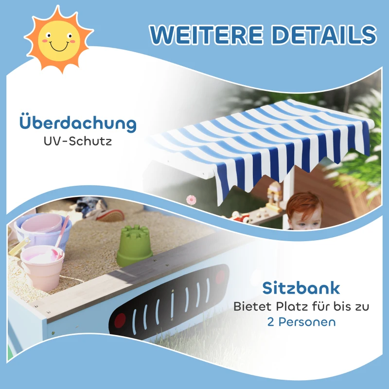 AIYAPLAY Sandkasten mit Vordach, Einkaufsladen-Design, Sitzbank, Zeichentafel, Tannenholz, 104H x 108L x 90B cm, Blau