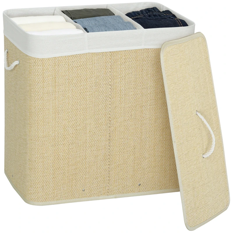 HOMCOM Coș pentru Rufe din Bambus cu Capac, 144L, 3 Compartimente, Sac Detașabil și Lavabil, Mânere, Crem