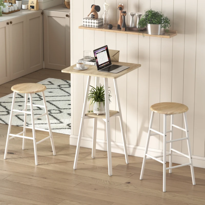 HOMCOM Mesa Alta de Cozinha Quadrada com Prateleira Mesa Alta de Bar para 2 Pessoas Pernas de Metal 55x55x95 cm Madeira e Branco